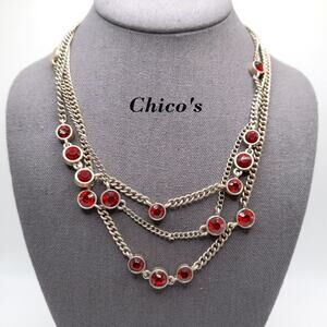 Chico's Red Rhinestone Necklace, Three Strands, Gold Tone, 22 Inches